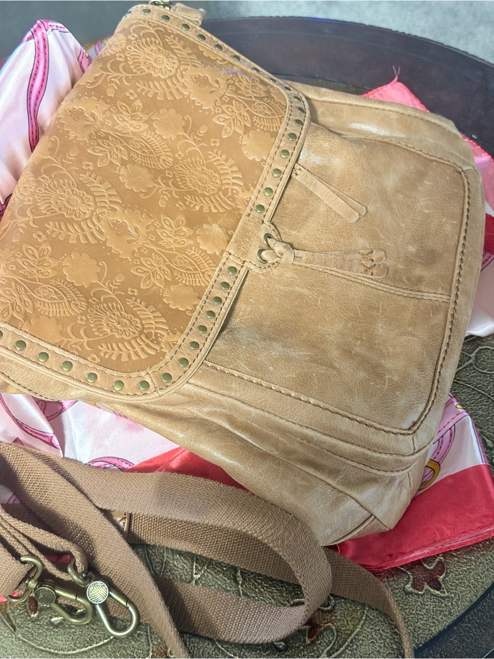 Tan Embossed Shoulder/Backpack Bag – Classic Everyday Style - Picture 3 of 11